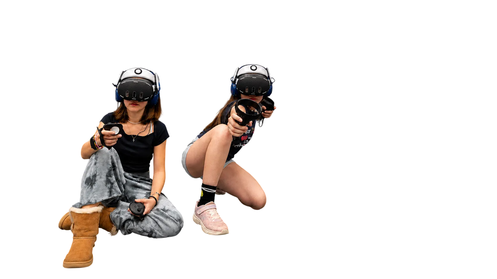 Smiling woman and child wearing VR headsets